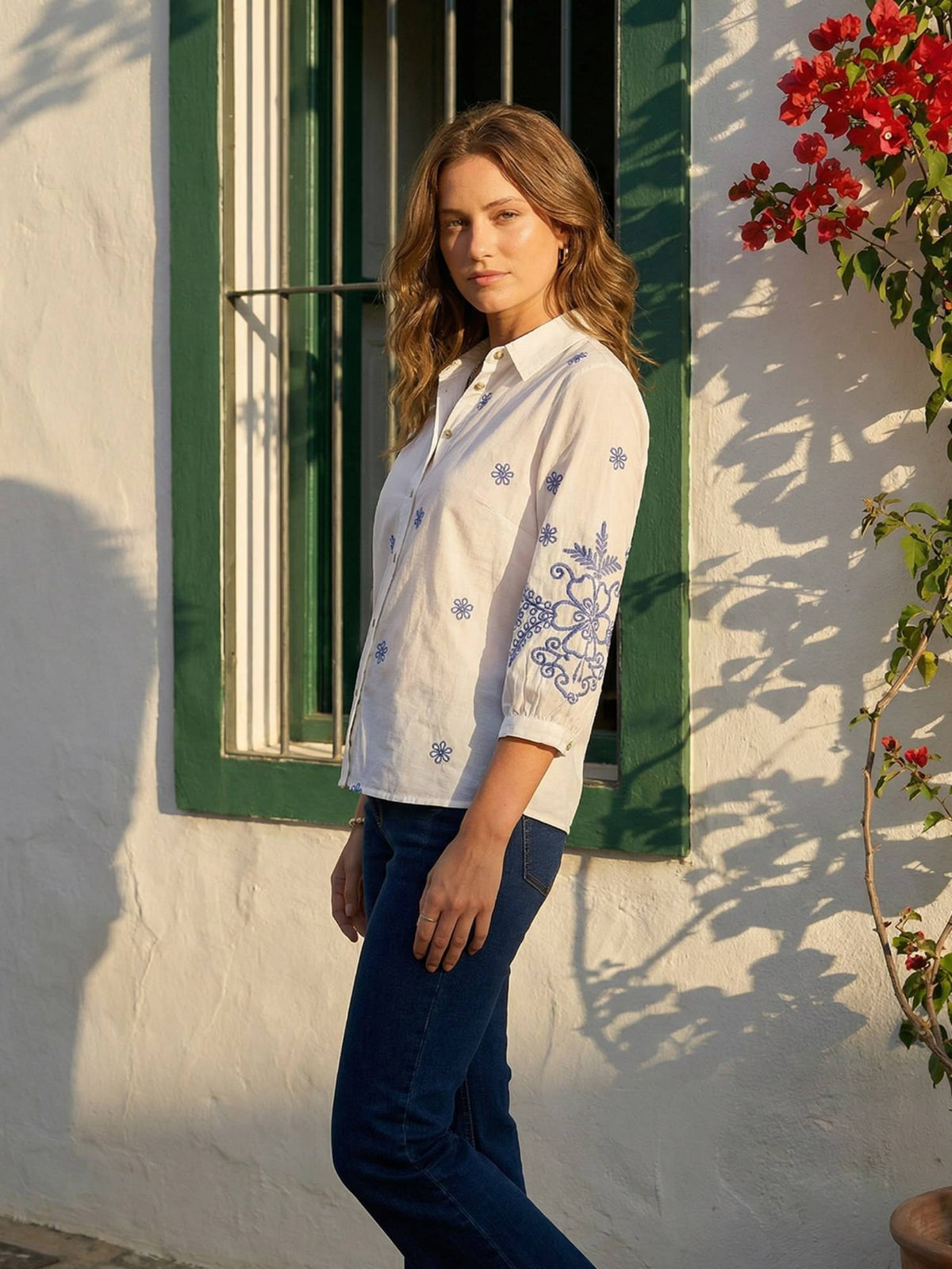 Cotton White Floral Embroidered Shirt | S67 - view 4