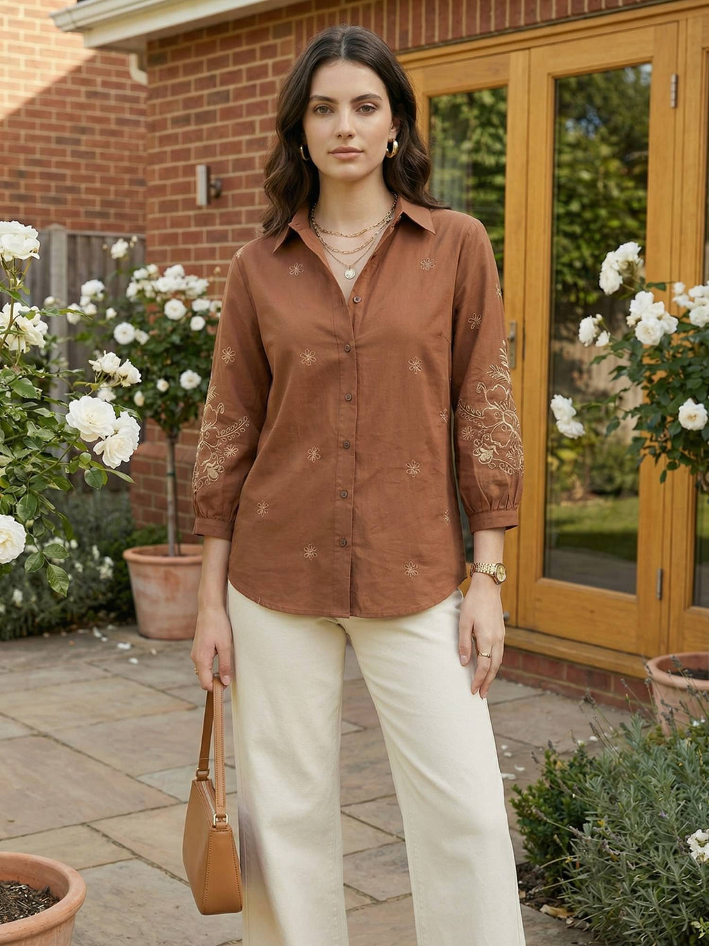 Cotton Brown Floral Embroidered Shirt | S67 - view 1