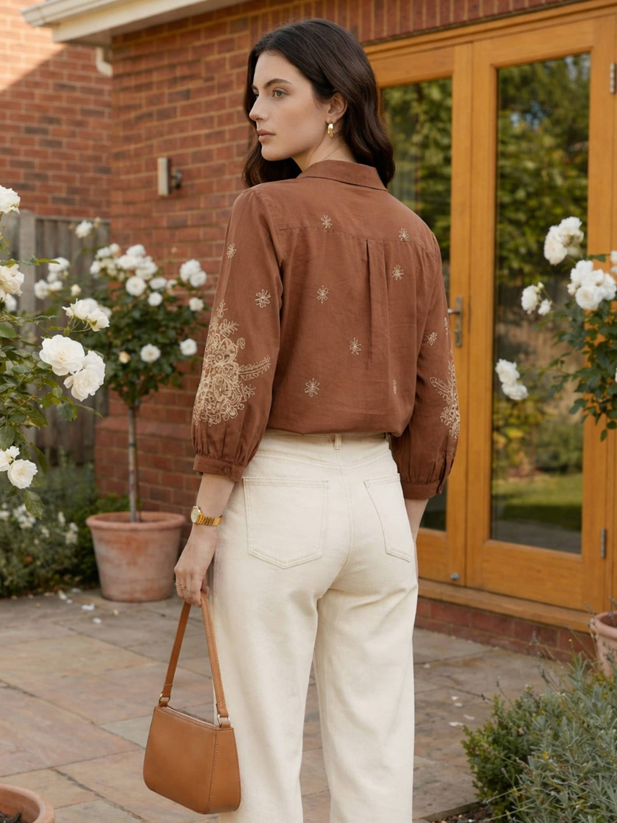 Cotton Brown Floral Embroidered Shirt | S67 - view 2