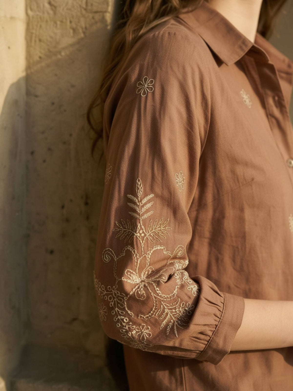 Cotton Brown Floral Embroidered Shirt | S67 - view 3