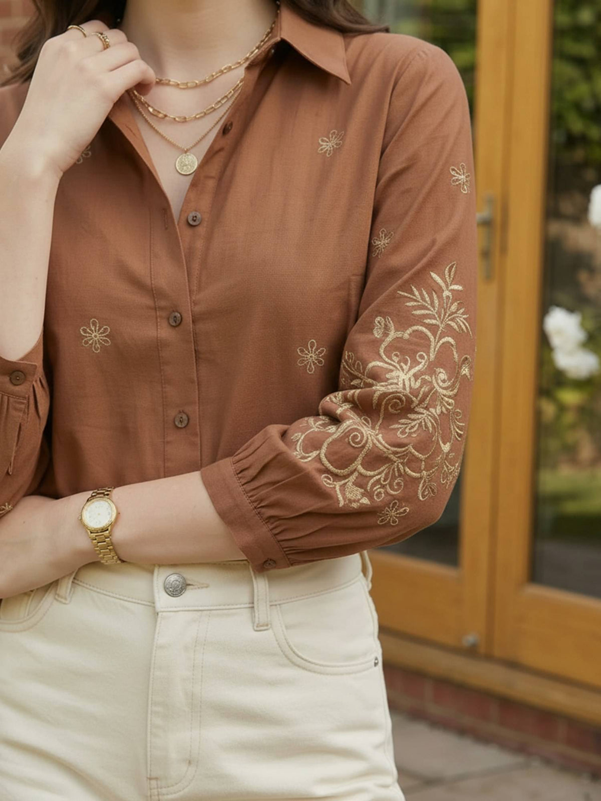 Cotton Brown Floral Embroidered Shirt | S67 - view 4