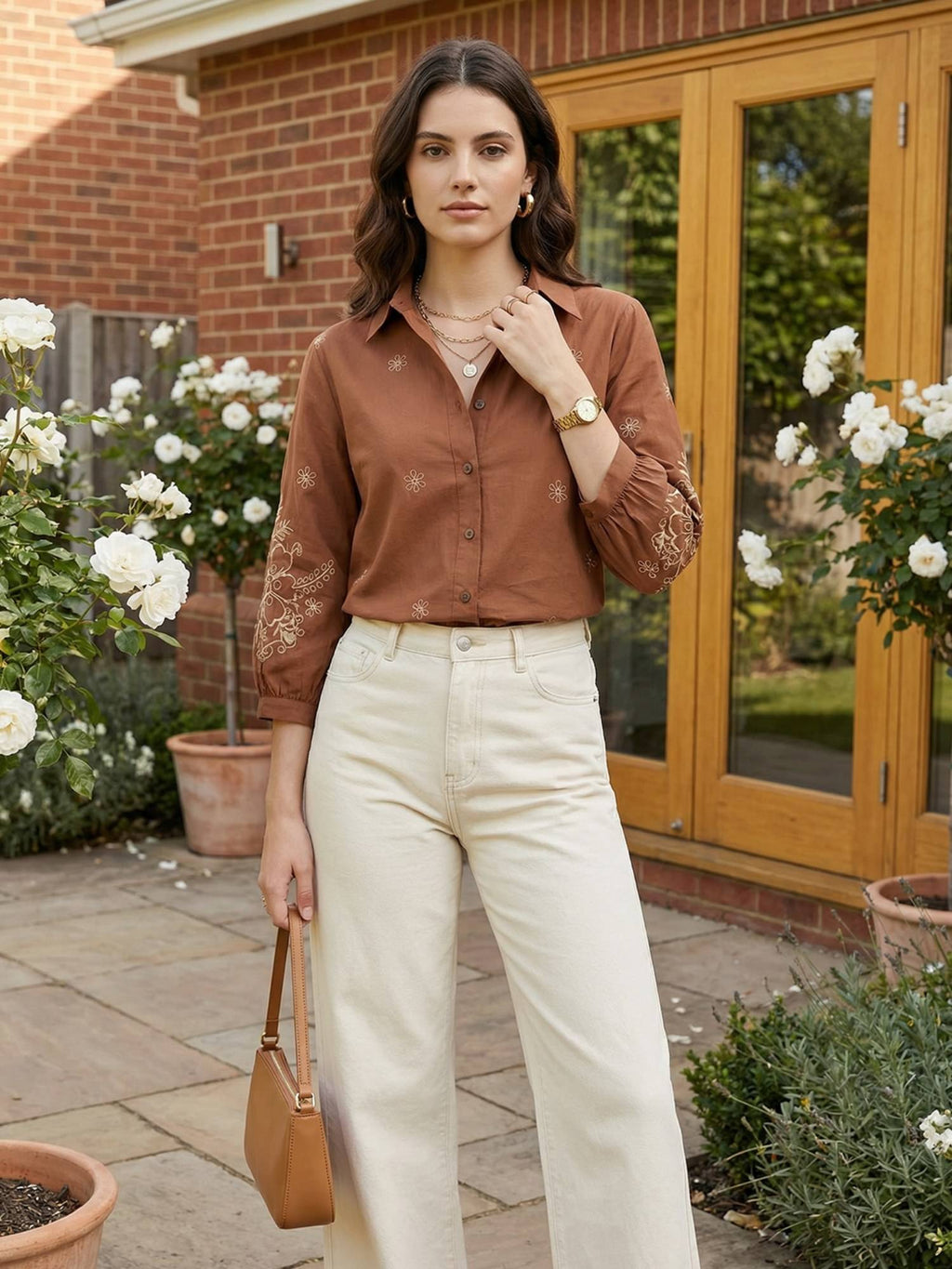 Cotton Brown Floral Embroidered Shirt | S67 - view 5