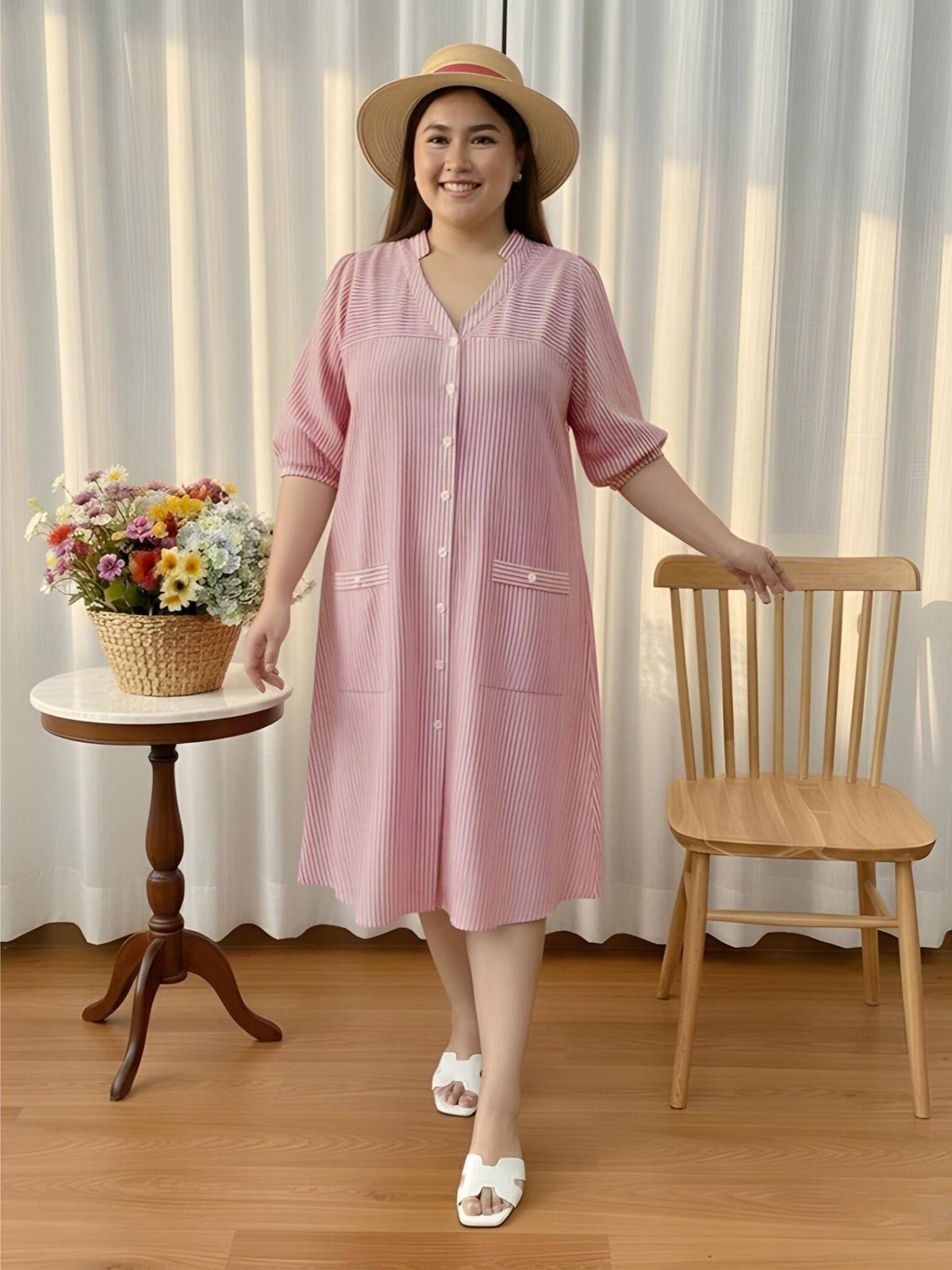 Women Pink Cotton Stripes Dress | D56 - view 1