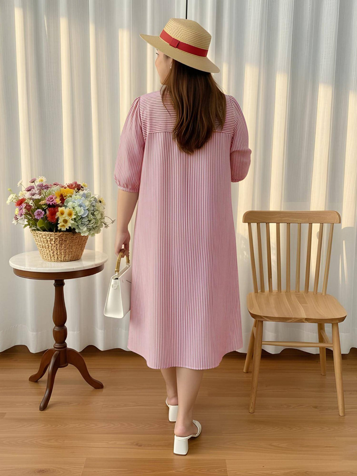 Women Pink Cotton Stripes Dress | D56 - view 2