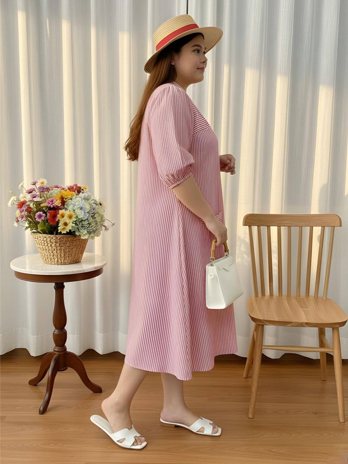 Women Pink Cotton Stripes Dress | D56 - view 3