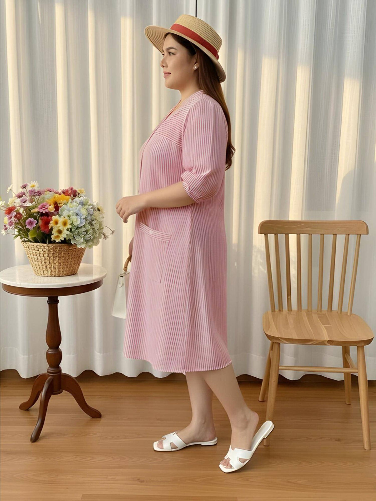 Women Pink Cotton Stripes Dress | D56 - view 4