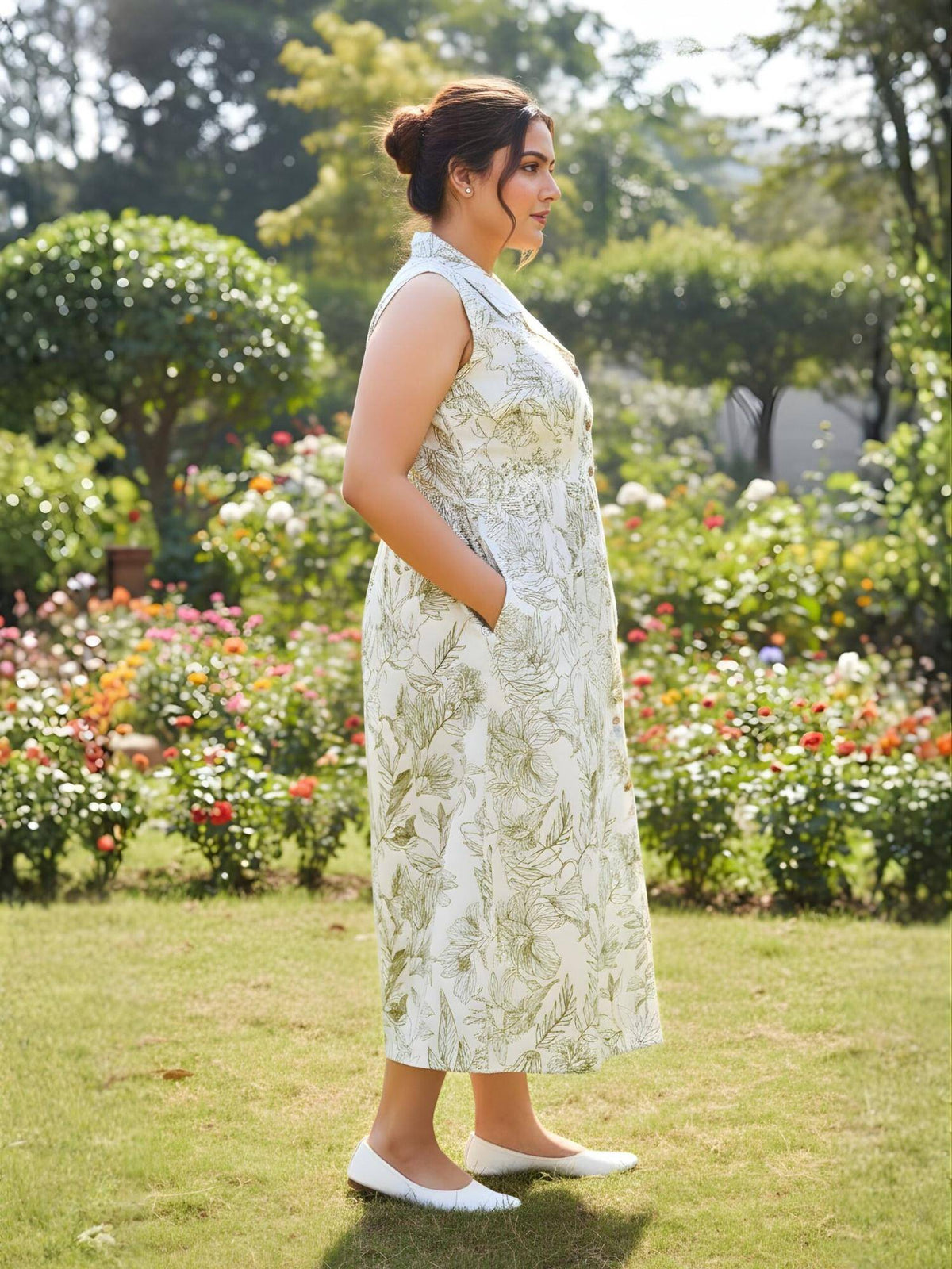 Women Beige Cotton Floral Dress | D56 - view 3