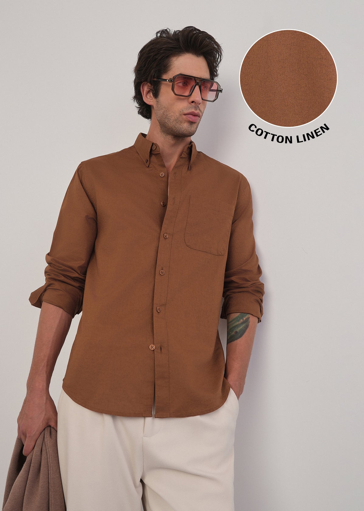 Terracotta Brown Cotton Linen Plain Shirt