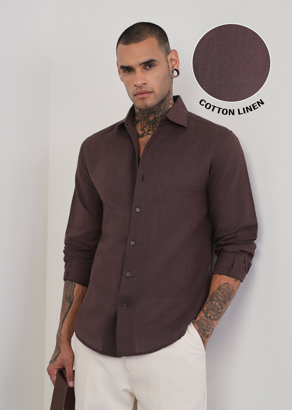 Wine Plain Cotton Linen Shirt
