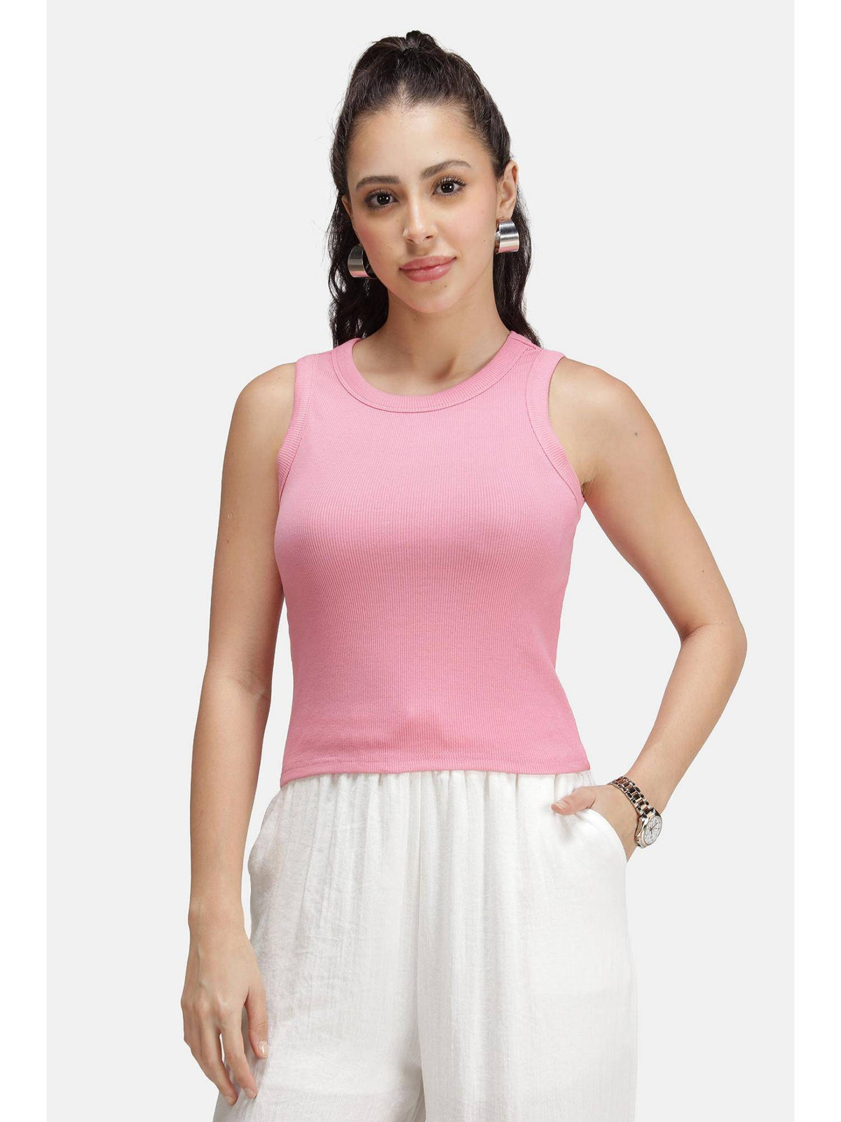 Solid Cotton Pink Ribbed Tank Top for Women | TT98 - view 1