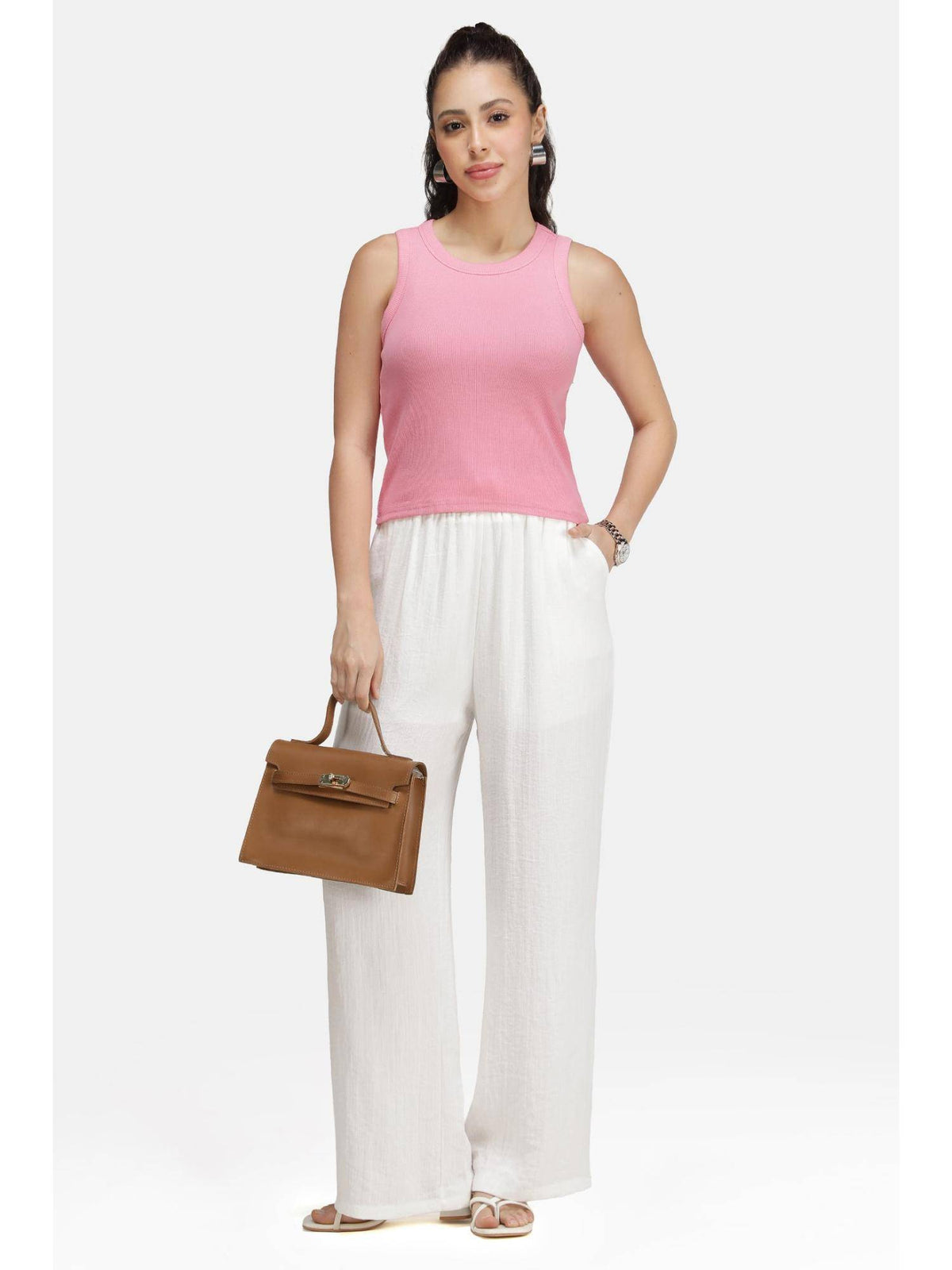 Solid Cotton Pink Ribbed Tank Top for Women | TT98 - view 2