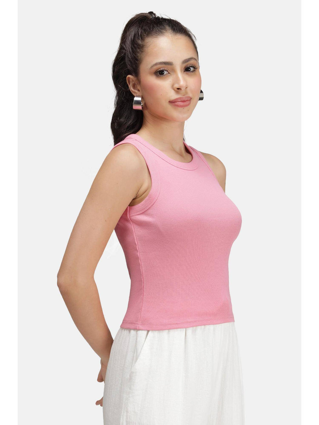 Solid Cotton Pink Ribbed Tank Top for Women | TT98 - view 3