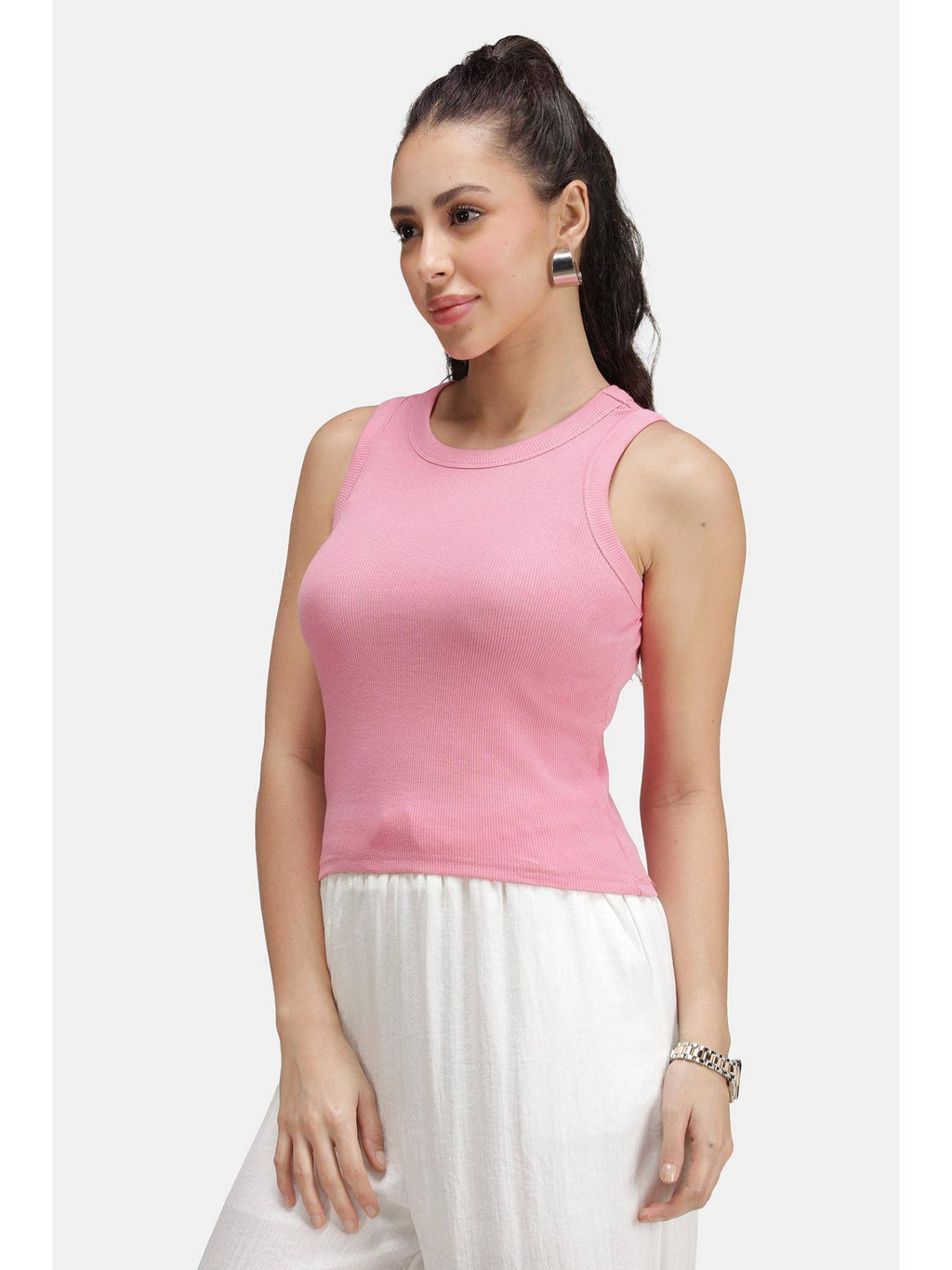 Solid Cotton Pink Ribbed Tank Top for Women | TT98 - view 4
