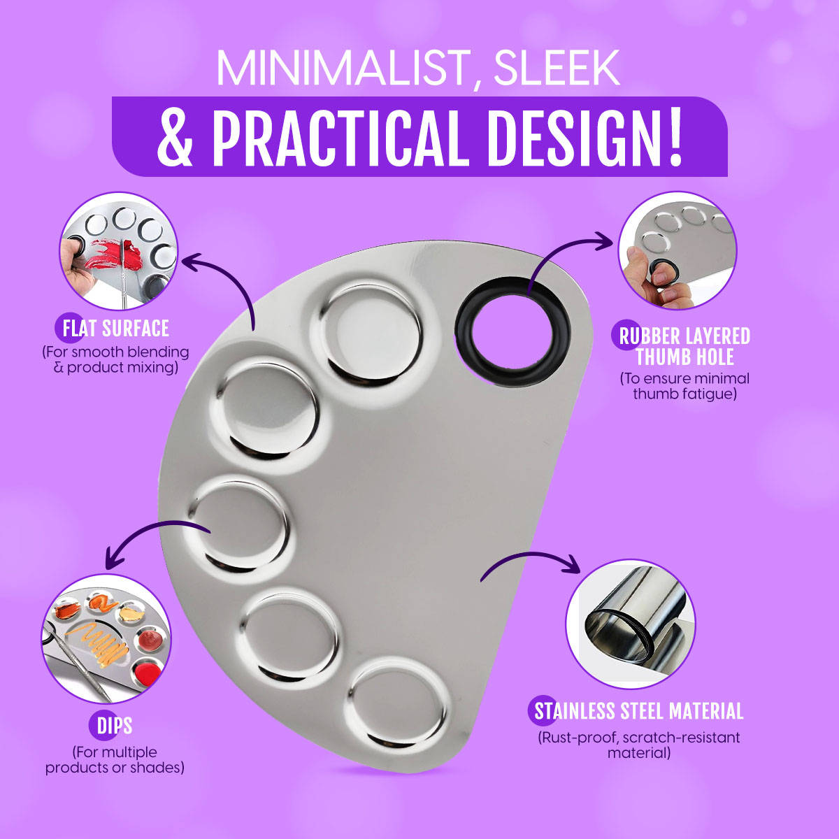 Stainless Steel Round Makeup Mixing Palette with Spatula Tool & Dips Cosmetic Tray | C83 - view 3