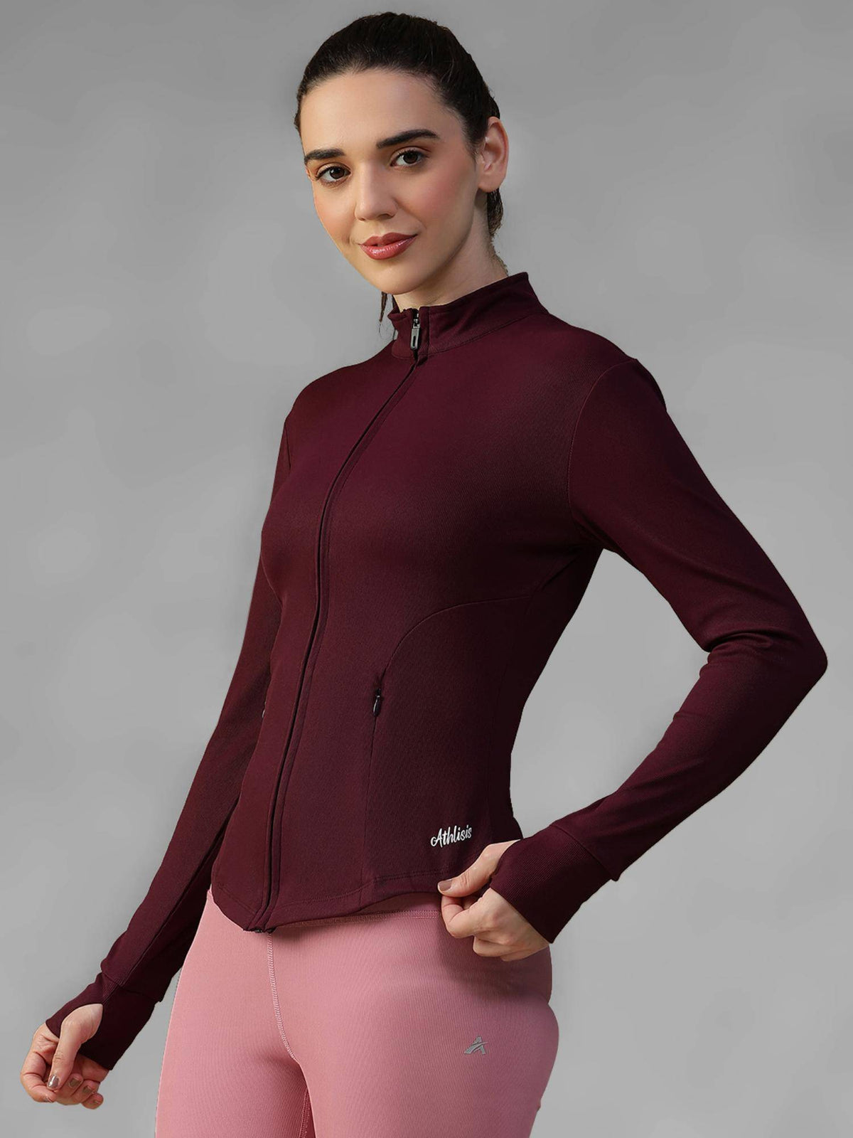Burgundy Women's Everyday Sporty Zip-Up Gym and Training Jacket | JK12 - view 2
