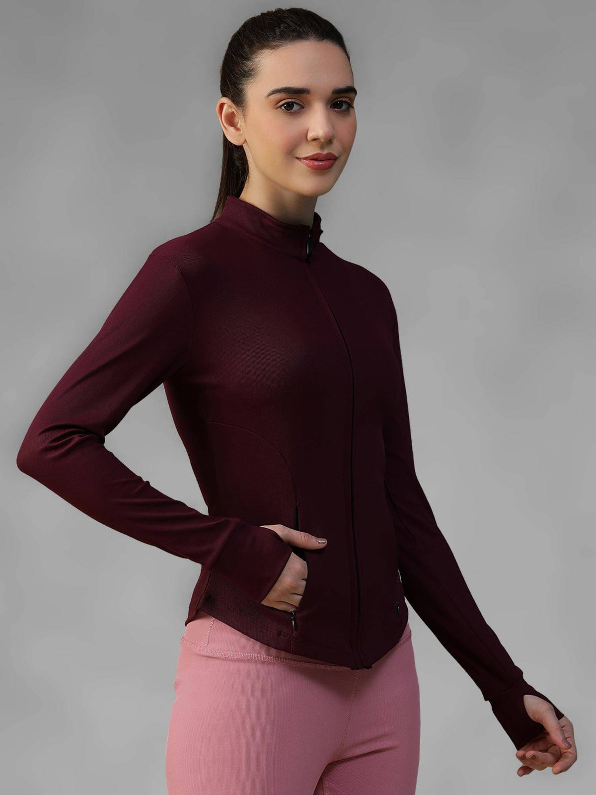 Burgundy Women's Everyday Sporty Zip-Up Gym and Training Jacket | JK12 - view 3