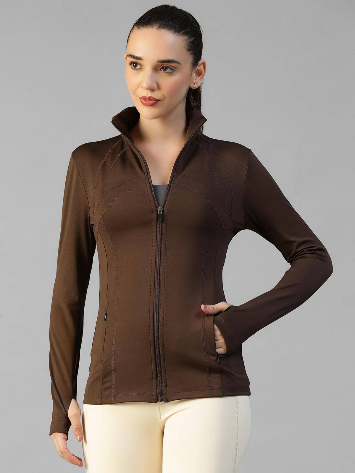 Khaki Women's Everyday Sporty Zip-Up Gym and Training Jacket | JK12 - view 13