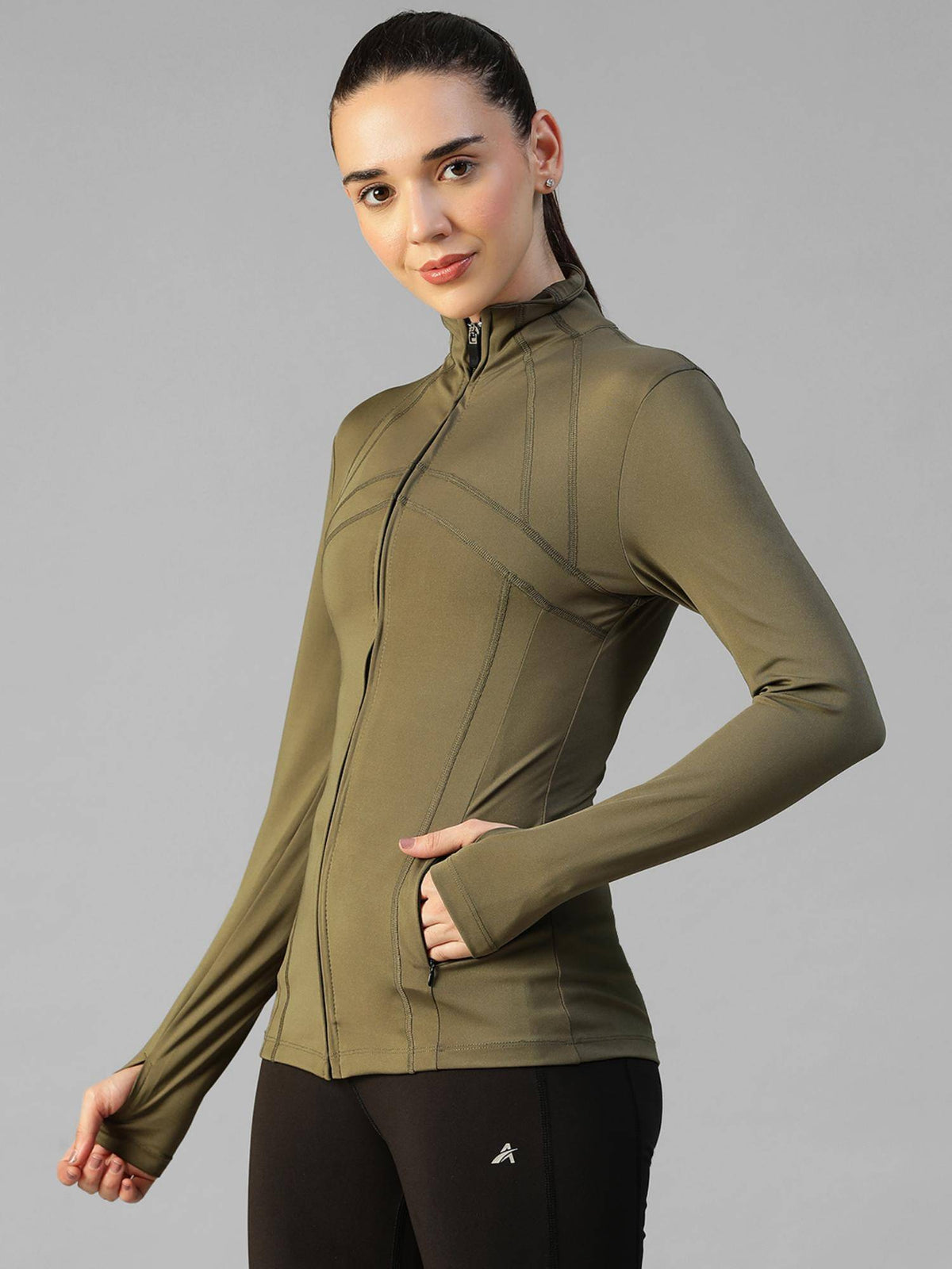 Olive Women's Everyday Sporty Zip-Up Gym and Training Jacket | JK12 - view 2