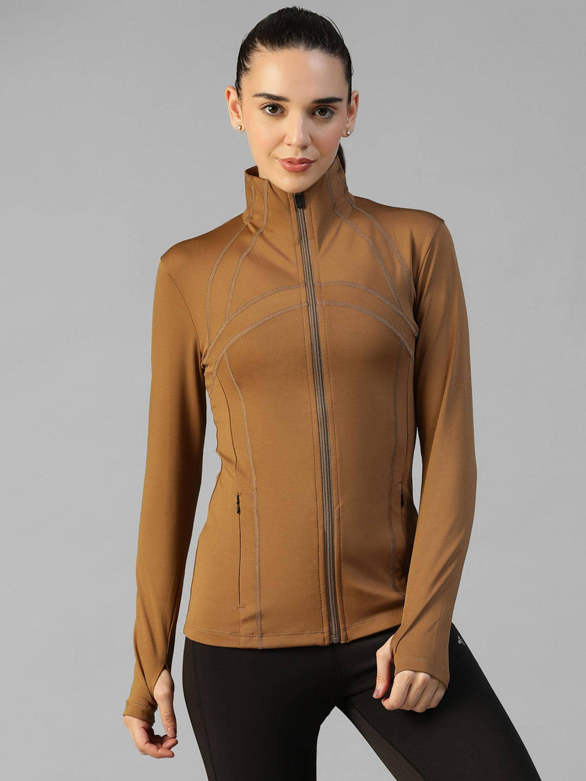 Khaki Women's Everyday Sporty Zip-Up Gym and Training Jacket | JK12 - view 1