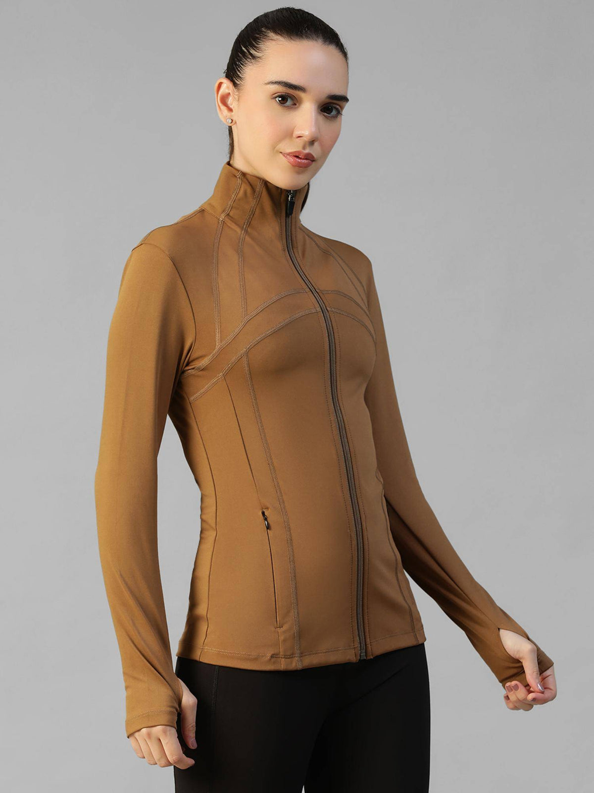 Khaki Women's Everyday Sporty Zip-Up Gym and Training Jacket | JK12 - view 3