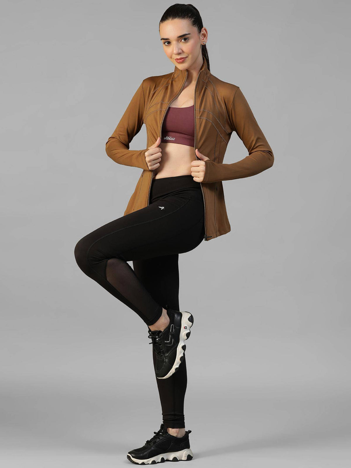 Khaki Women's Everyday Sporty Zip-Up Gym and Training Jacket | JK12 - view 5