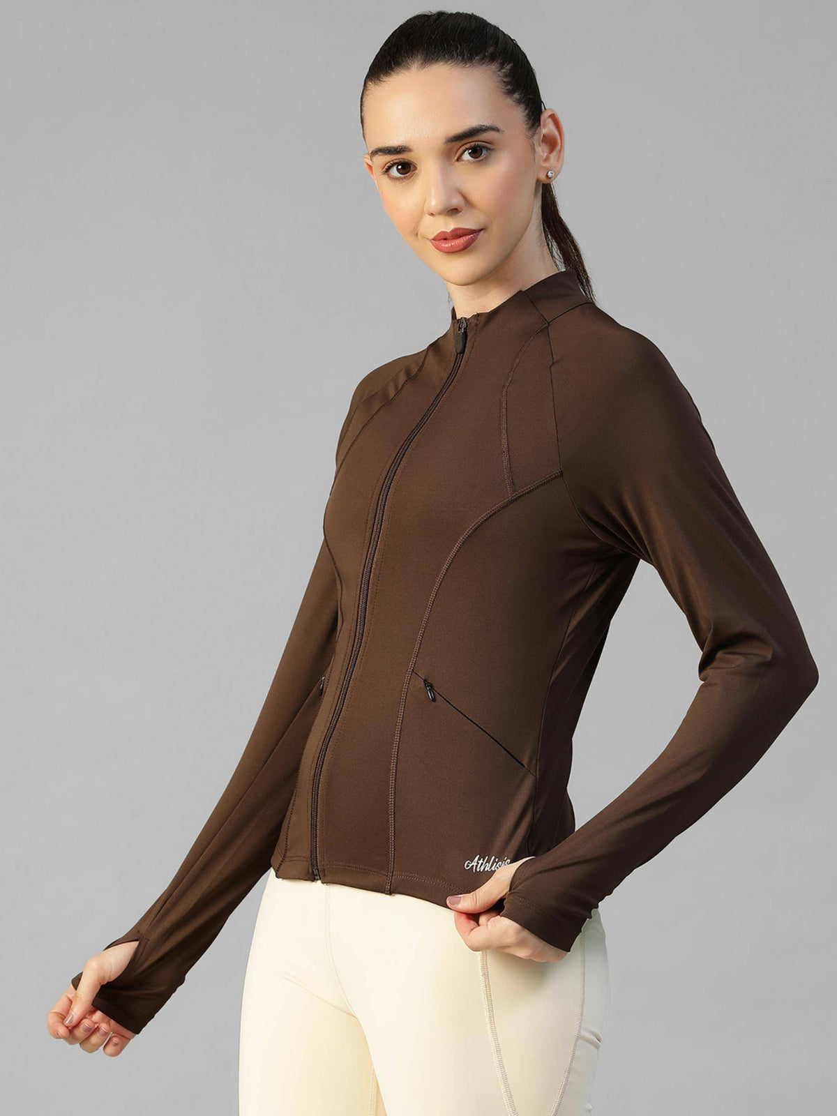 Brown Women's Everyday Sporty Zip-Up Gym and Training Jacket | JK12 - view 2