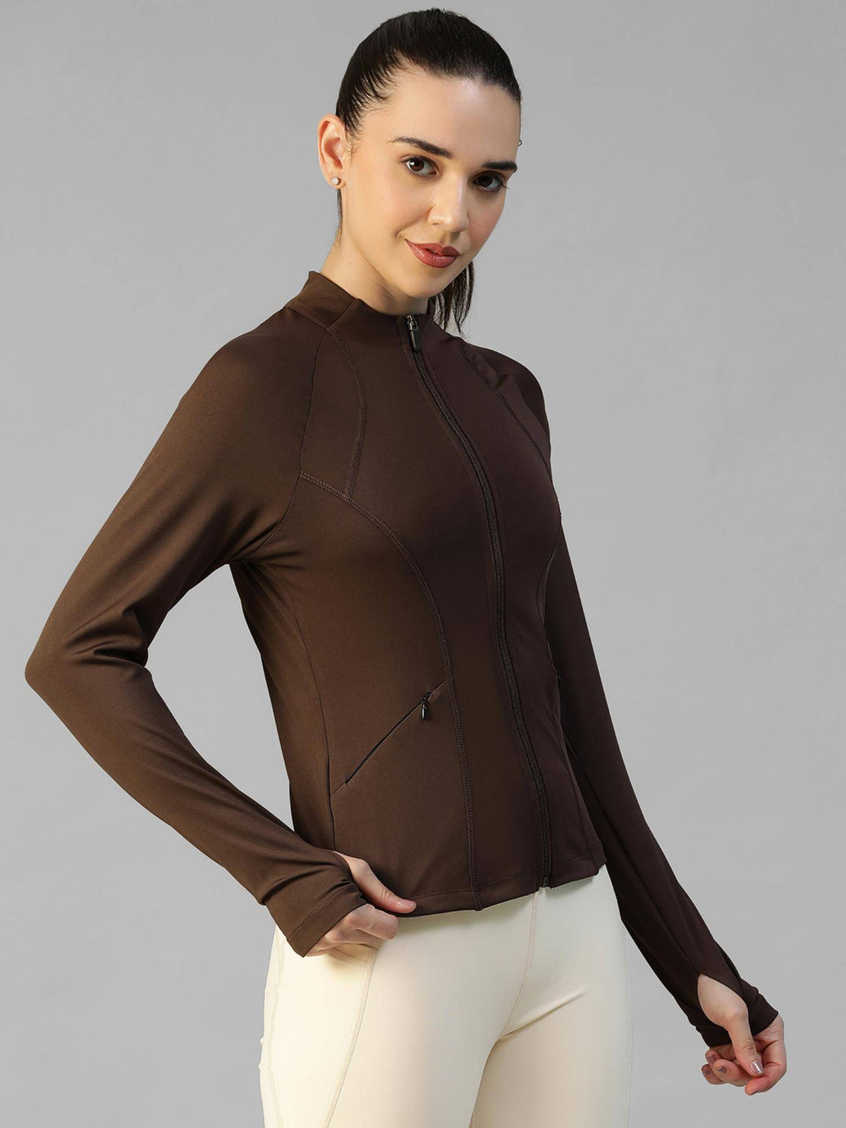 Brown Women's Everyday Sporty Zip-Up Gym and Training Jacket | JK12 - view 3