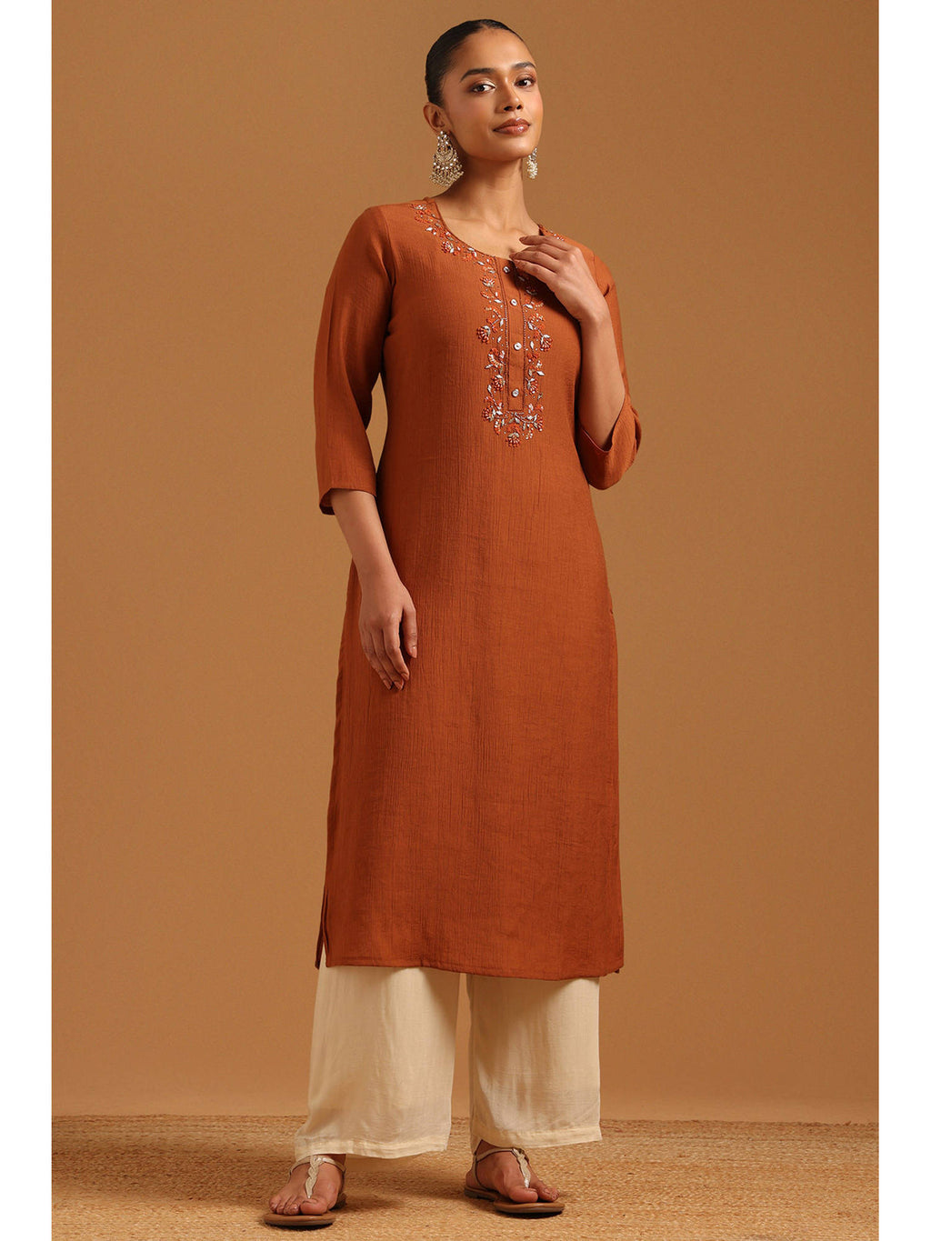 Womens Brown Desert Storm Embroidered Machine Kurta | FY93 - view 1