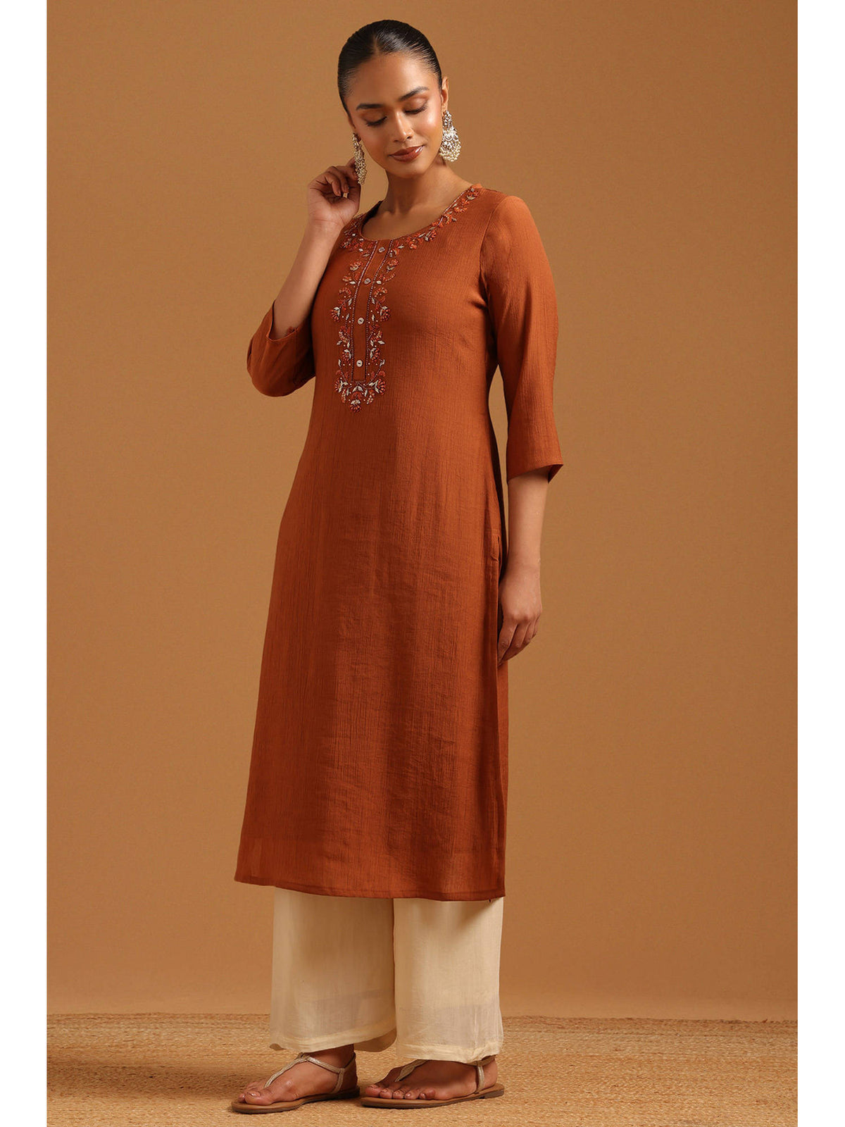 Womens Brown Desert Storm Embroidered Machine Kurta | FY93 - view 2