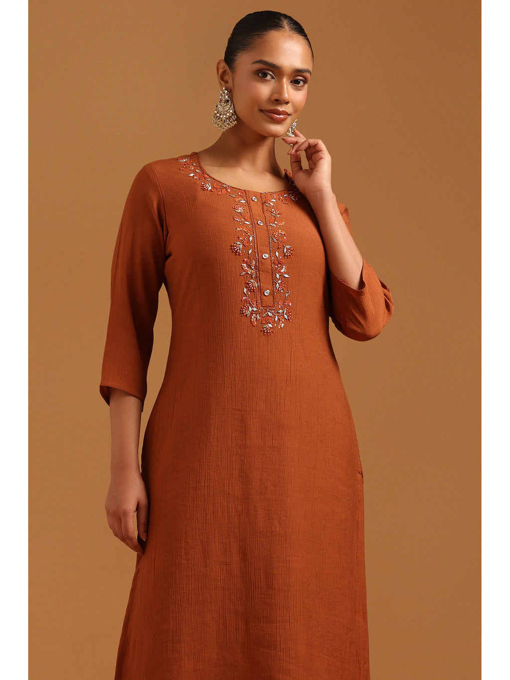 Womens Brown Desert Storm Embroidered Machine Kurta | KDG - view 4