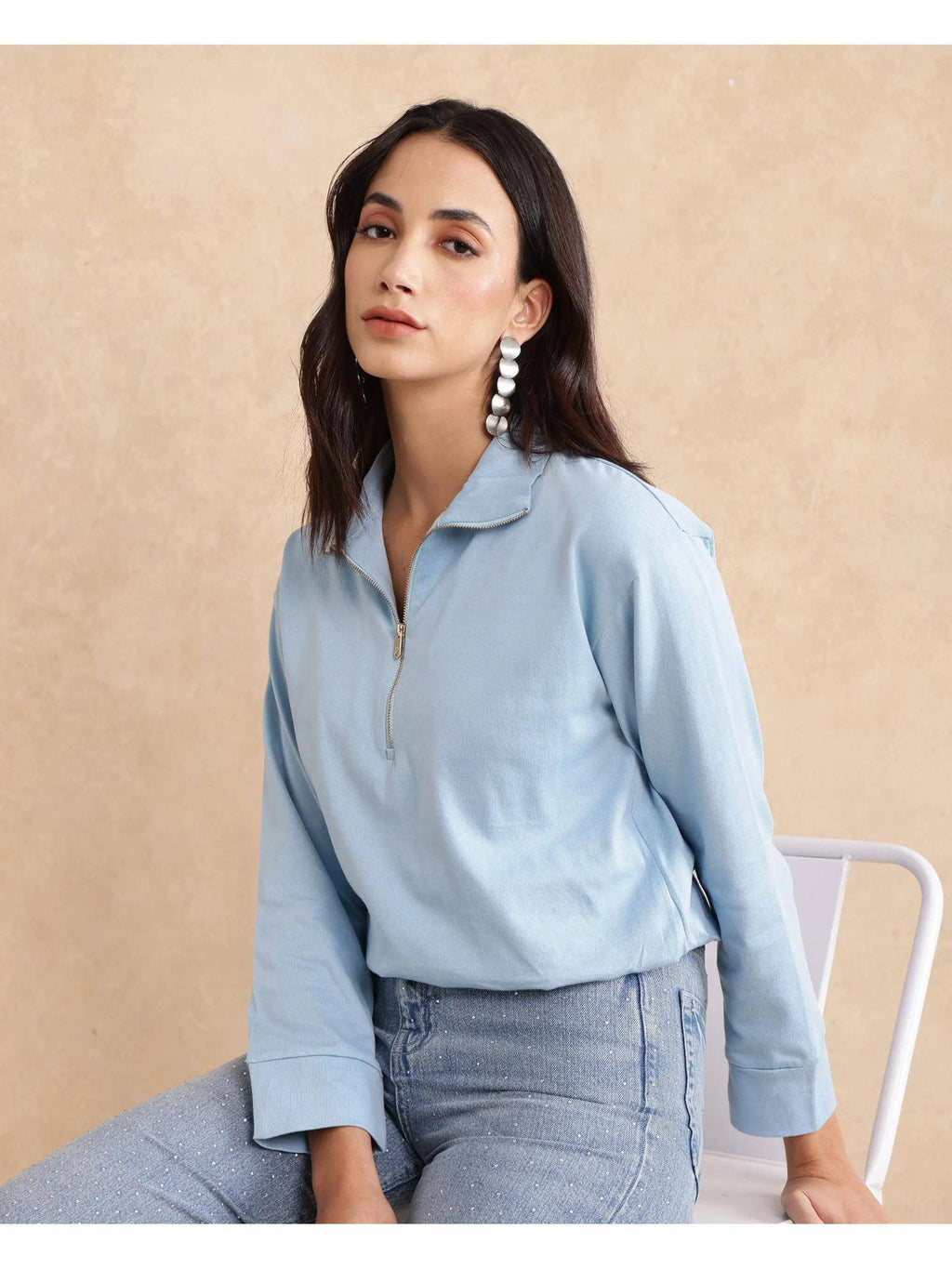 Velma Light Blue Solid Relaxed Polo T-Shirt | PW43 - view 6