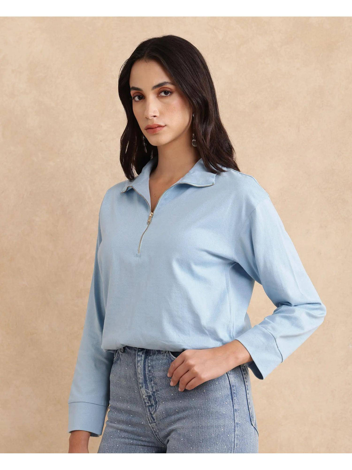 Velma Light Blue Solid Relaxed Polo T-Shirt | PW43 - view 8