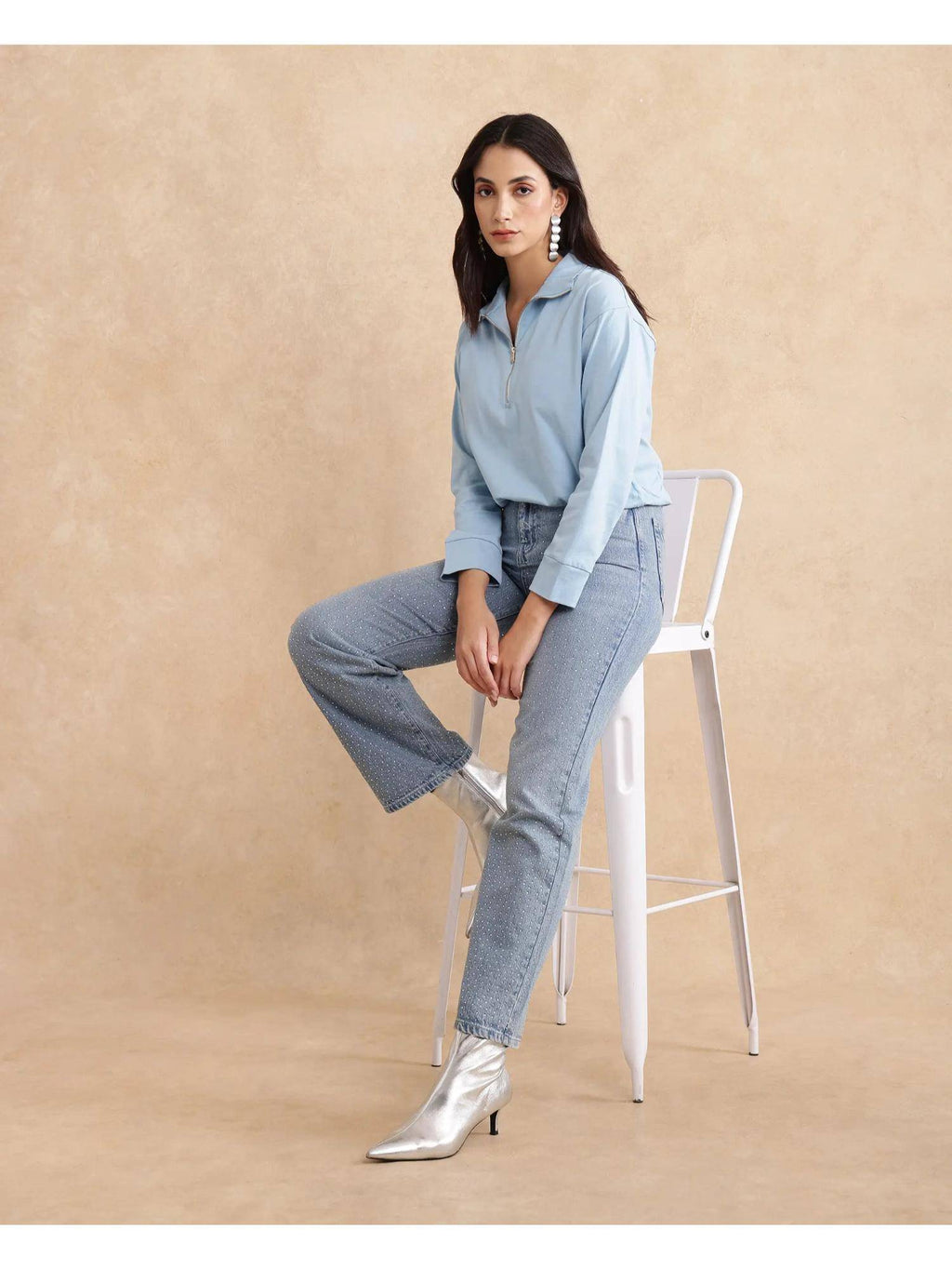 Velma Light Blue Solid Relaxed Polo T-Shirt | PW43 - view 10