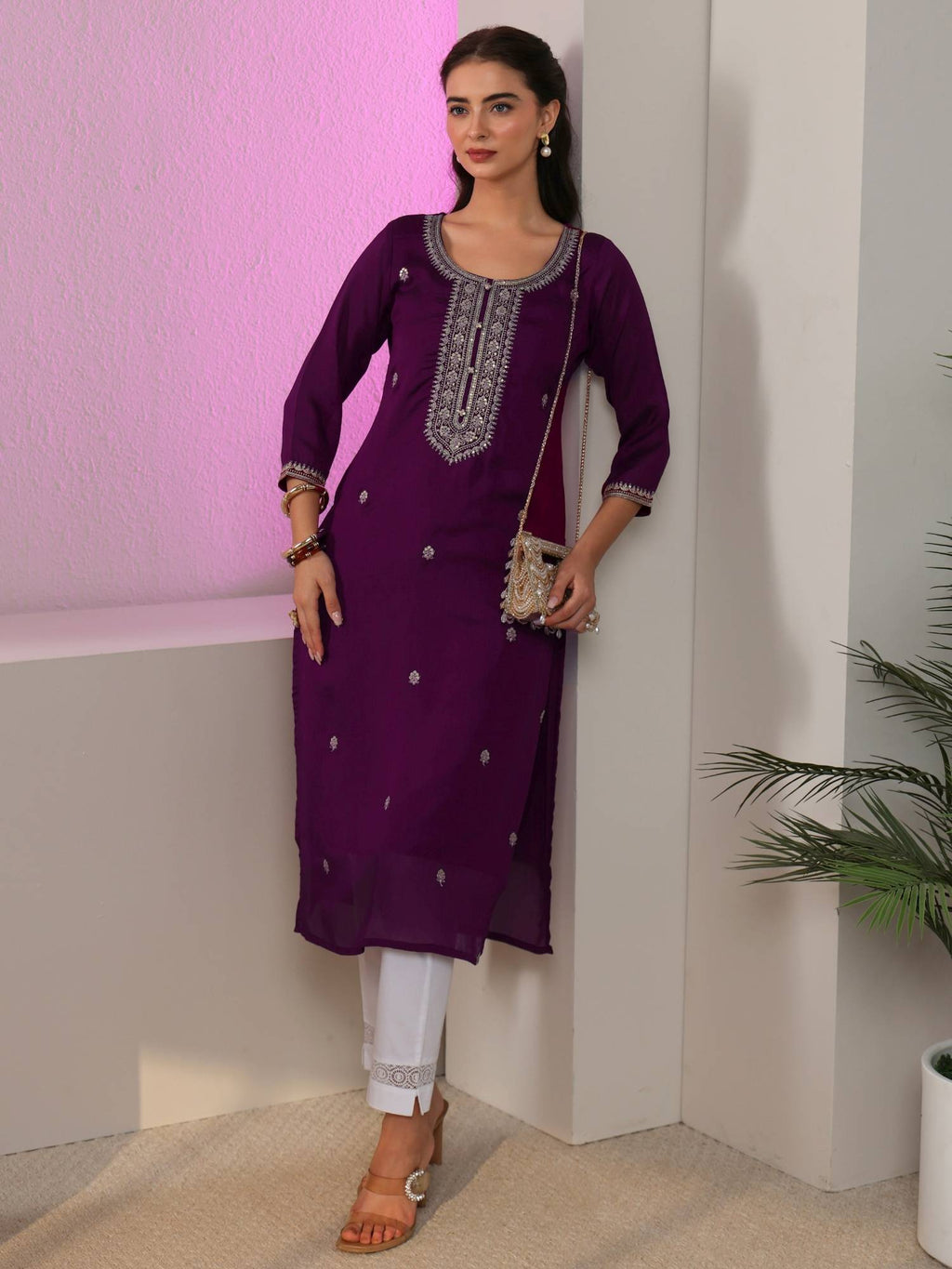 Red Floral Motif Zari Embroidered Straight Kurta With Lining | FY93 - view 6