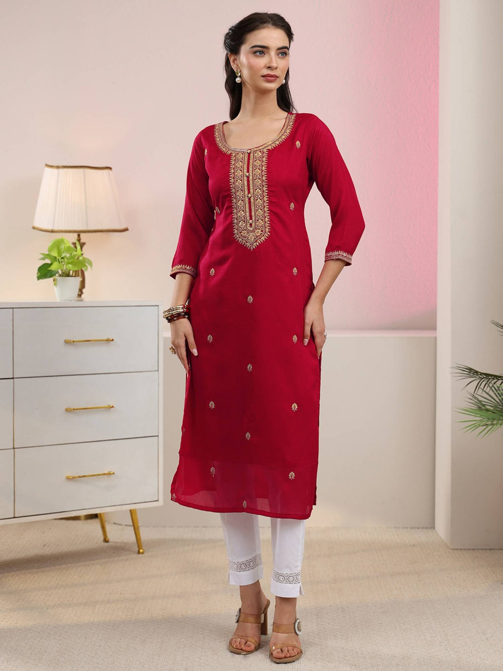 Red Floral Motif Zari Embroidered Straight Kurta With Lining | KDG - view 1