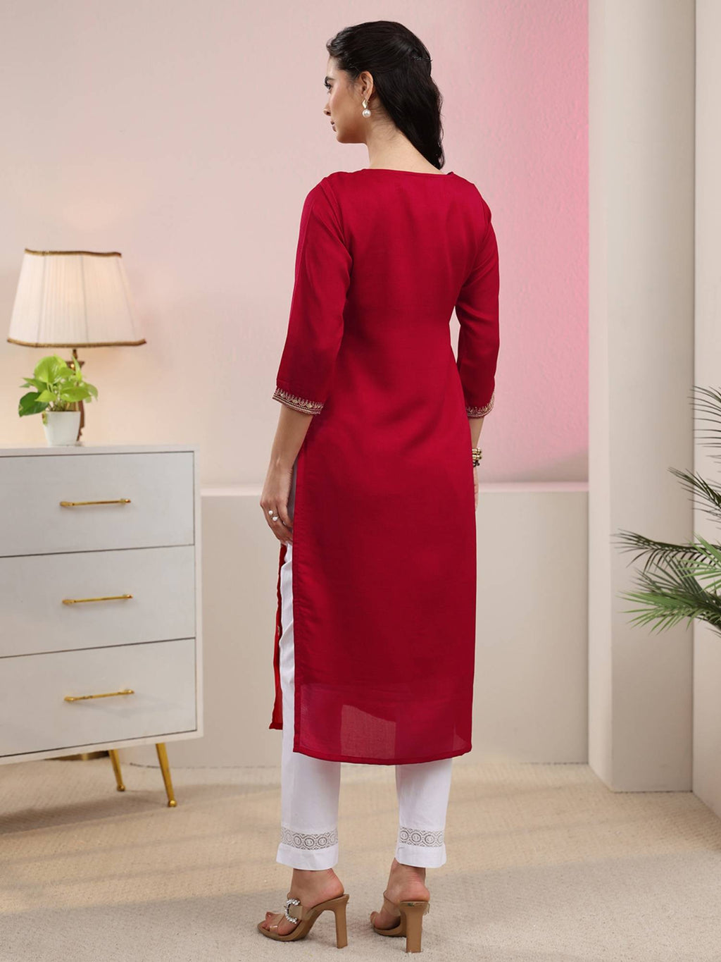 Red Floral Motif Zari Embroidered Straight Kurta With Lining | KDG - view 4