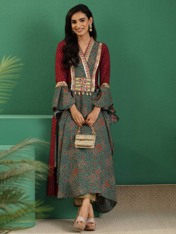 Red Bandhani Printed Panelled Anarakali Style Kurta | U3S - view 1