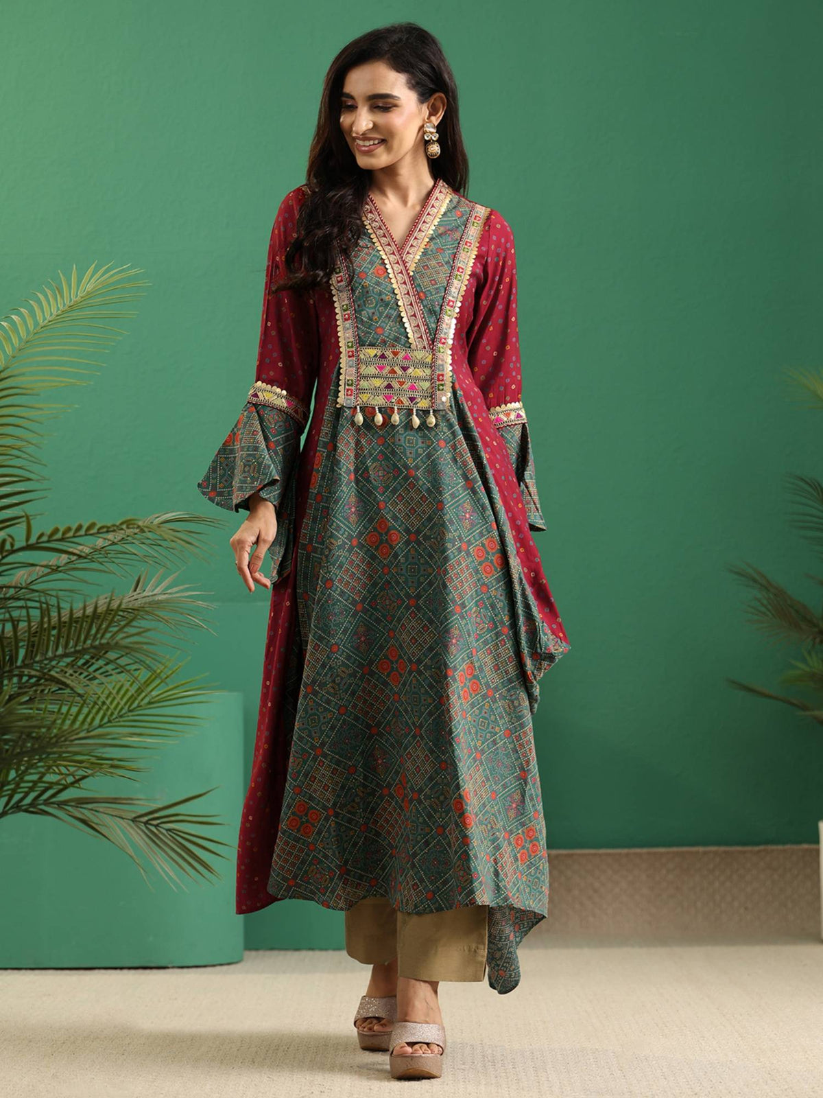 Red Bandhani Printed Panelled Anarakali Style Kurta | U3S - view 2