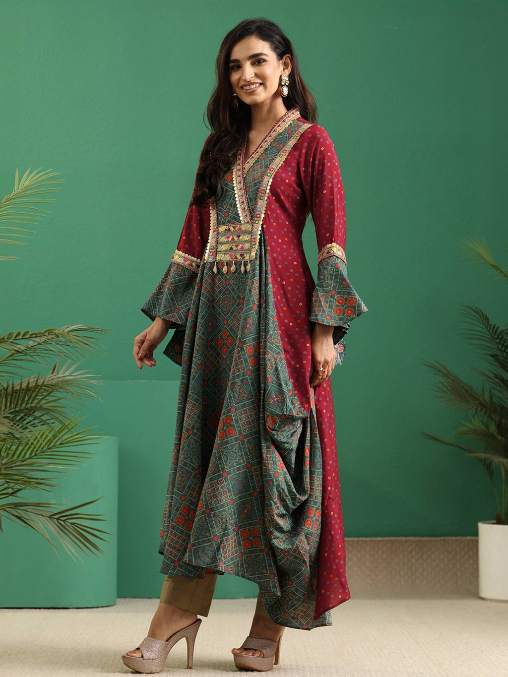 Red Bandhani Printed Panelled Anarakali Style Kurta | U3S - view 3