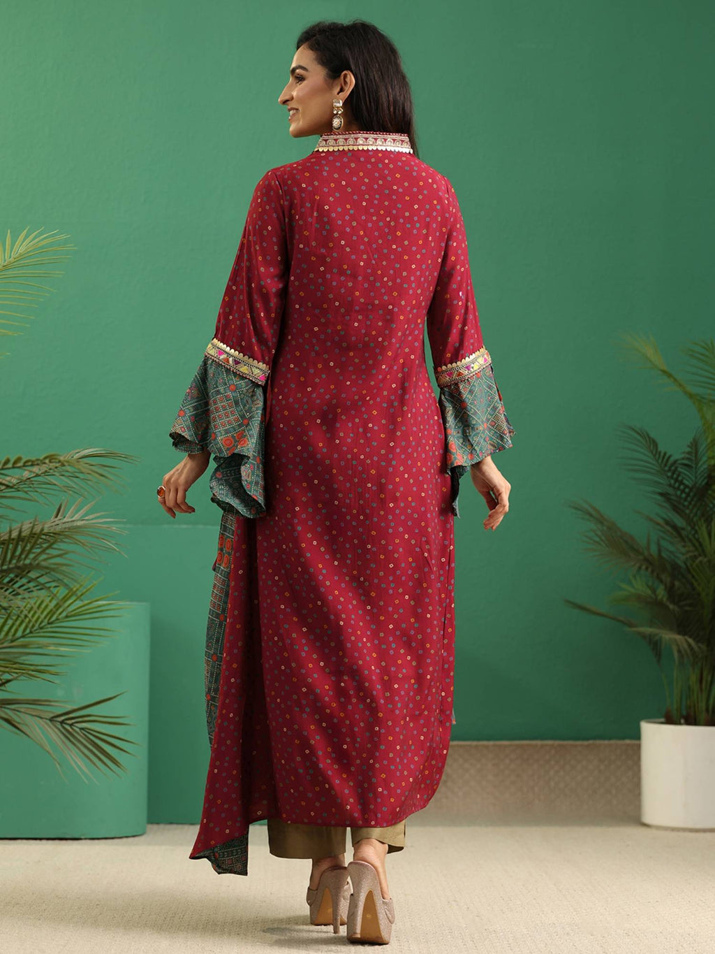 Red Bandhani Printed Panelled Anarakali Style Kurta | U3S - view 4