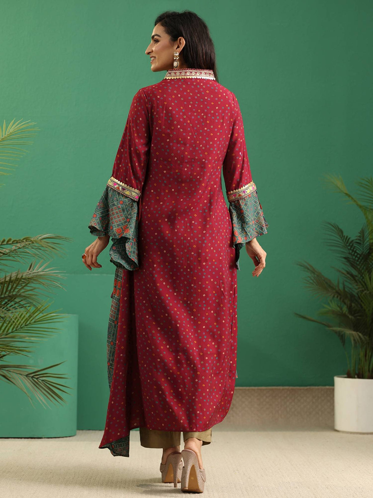 Red Bandhani Printed Panelled Anarakali Style Kurta | U3S - view 4