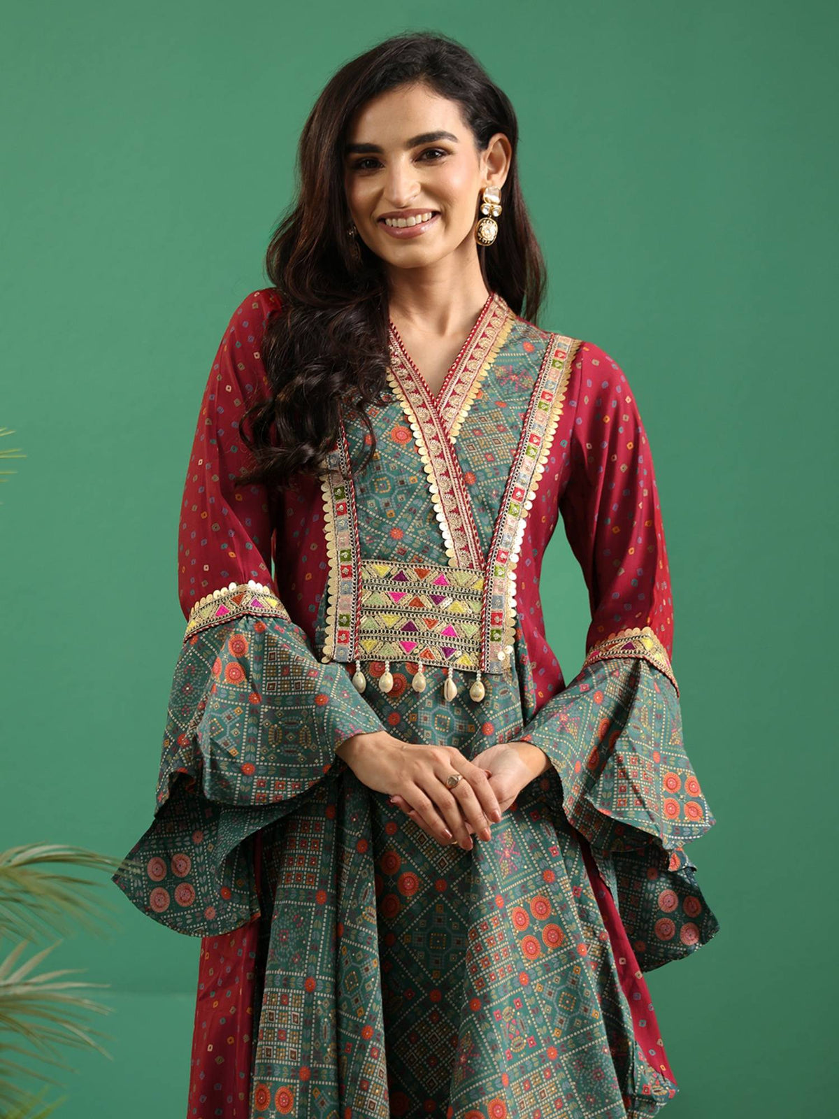 Red Bandhani Printed Panelled Anarakali Style Kurta | U3S - view 5