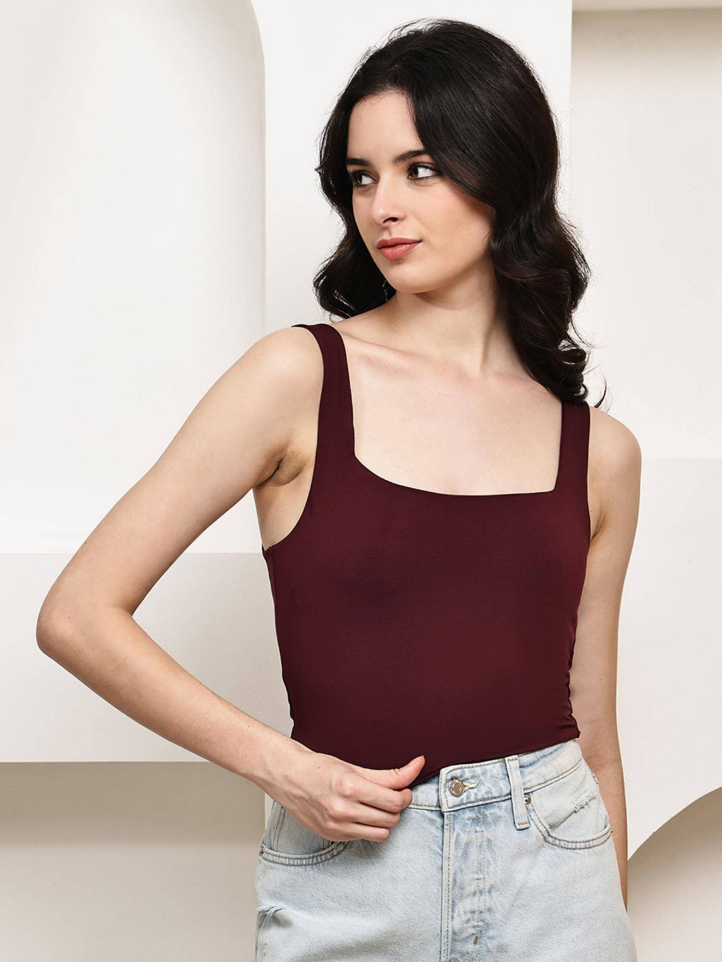 Womens Polyester Square Neck Stretch Tank Top - Wine | TT98 - view 1