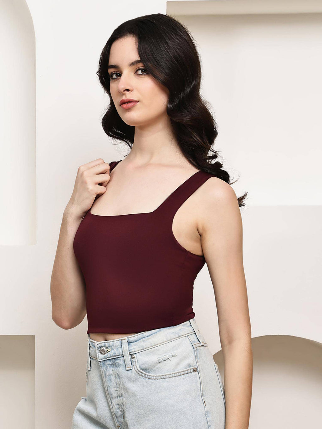 Womens Polyester Square Neck Stretch Tank Top - Wine | TT98 - view 2