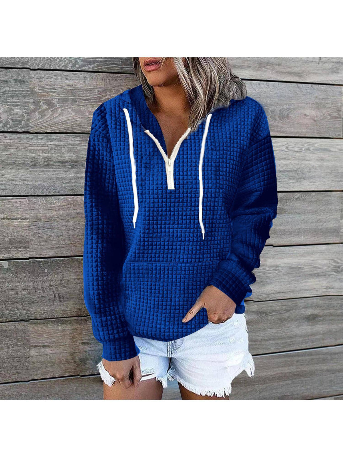 Womens Zipper Hooded Front Pocket Waffle Full-Sleeve Hoodie - Khaki | HD56 - view 6