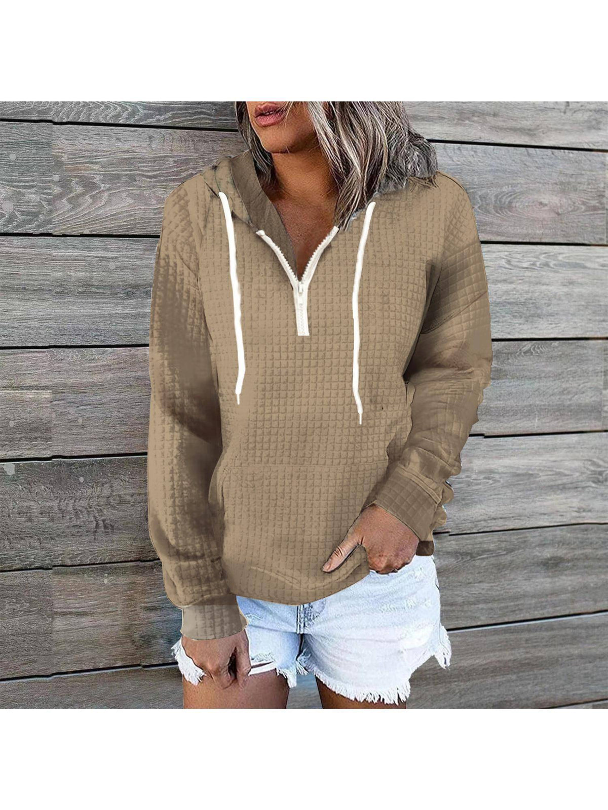 Womens Zipper Hooded Front Pocket Waffle Full-Sleeve Hoodie - Khaki | HD56 - view 1