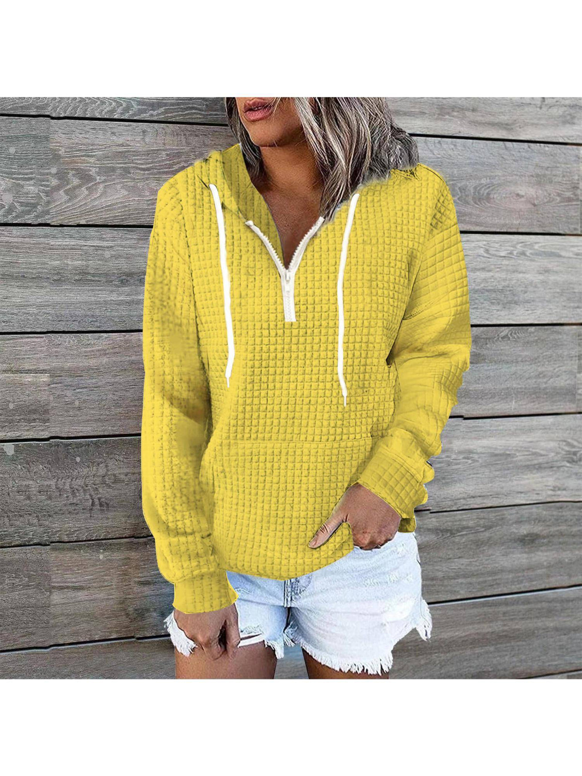 Womens Zipper Hooded Front Pocket Waffle Full-Sleeve Hoodie - Khaki | HD56 - view 8