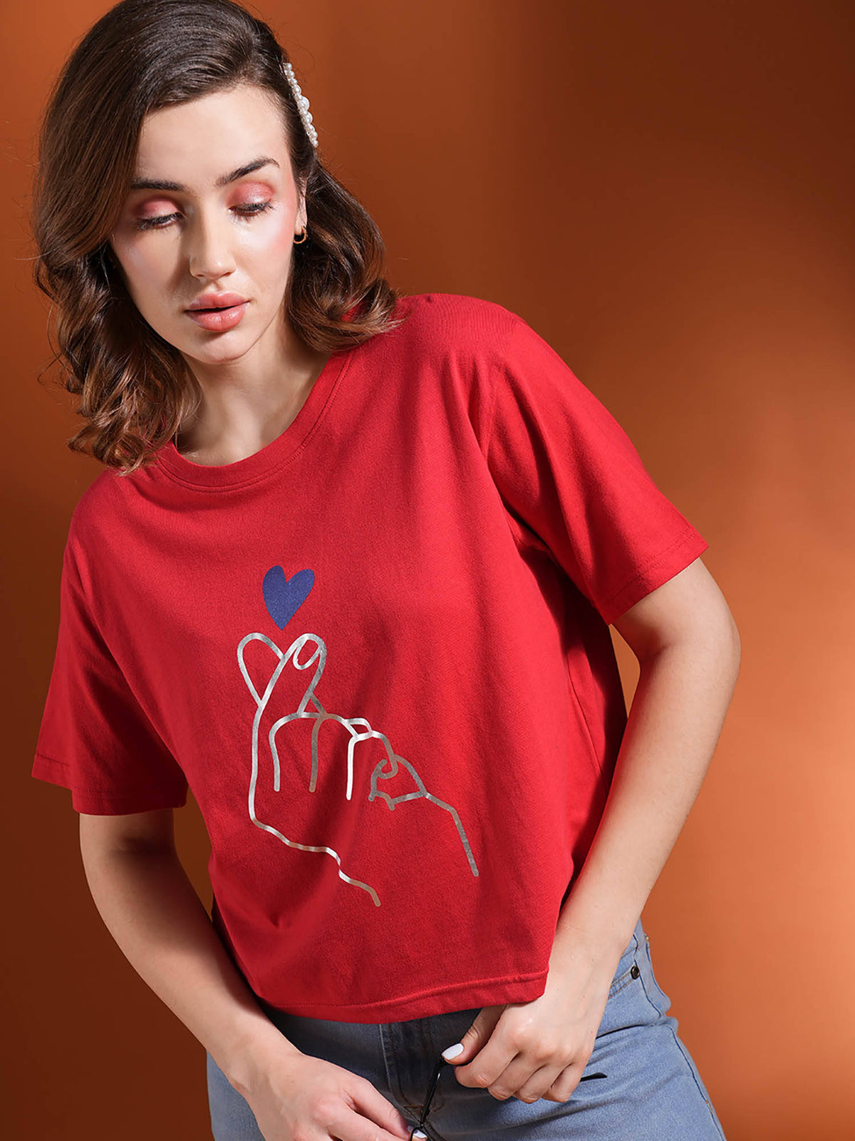 Women Red Drop Shoulder Korean Graphic Printed Oversized Trendy Crop T-Shirt | TS56 - view 1