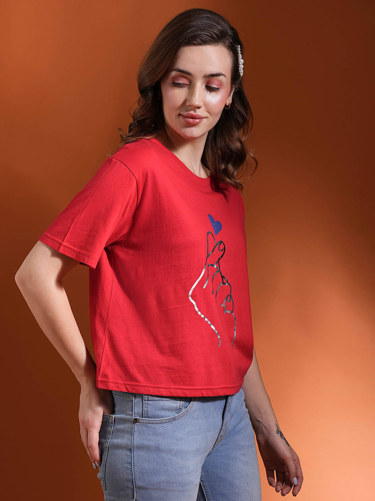 Women Red Drop Shoulder Korean Graphic Printed Oversized Trendy Crop T-Shirt | TS56 - view 2