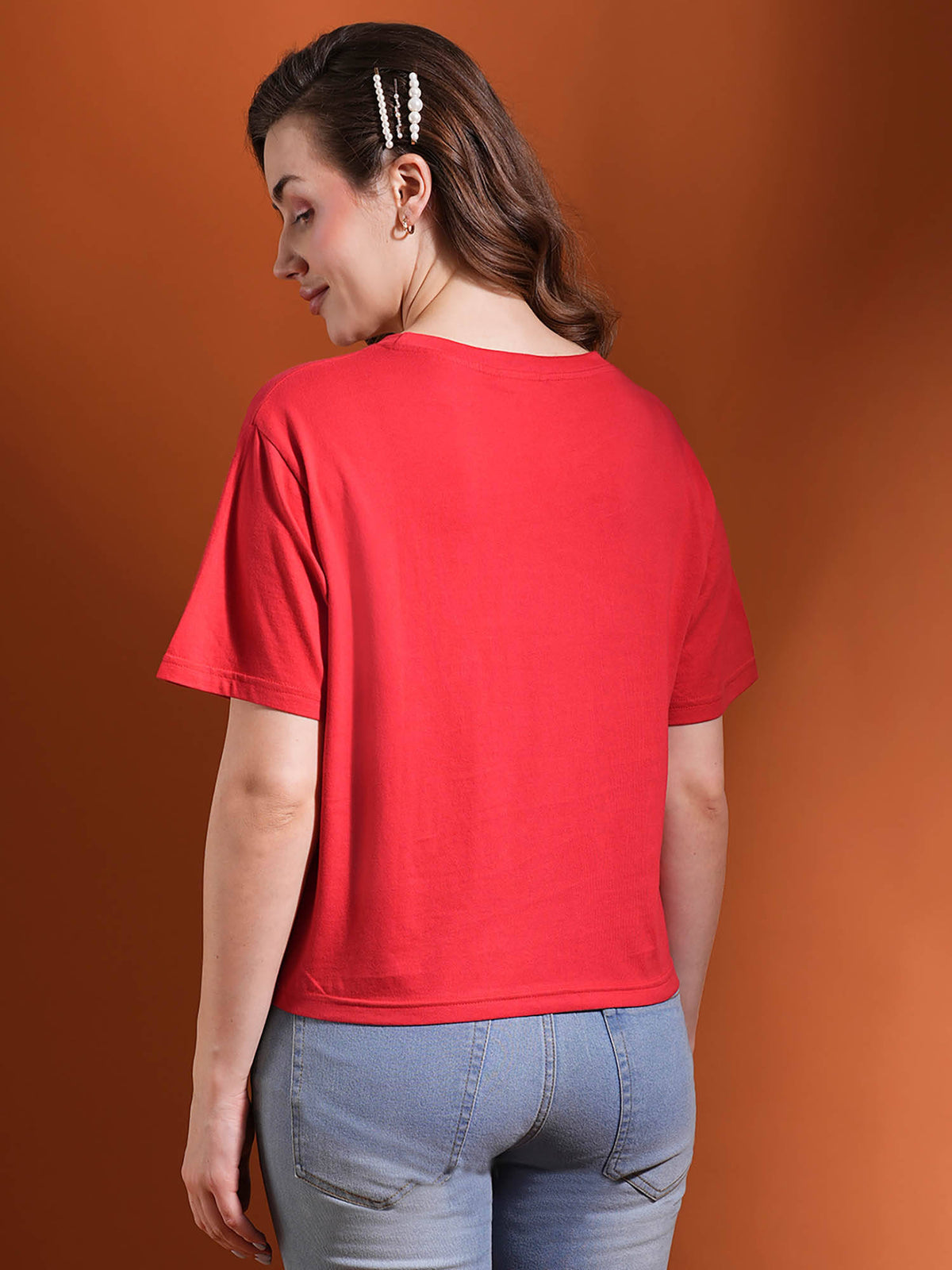 Women Red Drop Shoulder Korean Graphic Printed Oversized Trendy Crop T-Shirt | TS56 - view 3